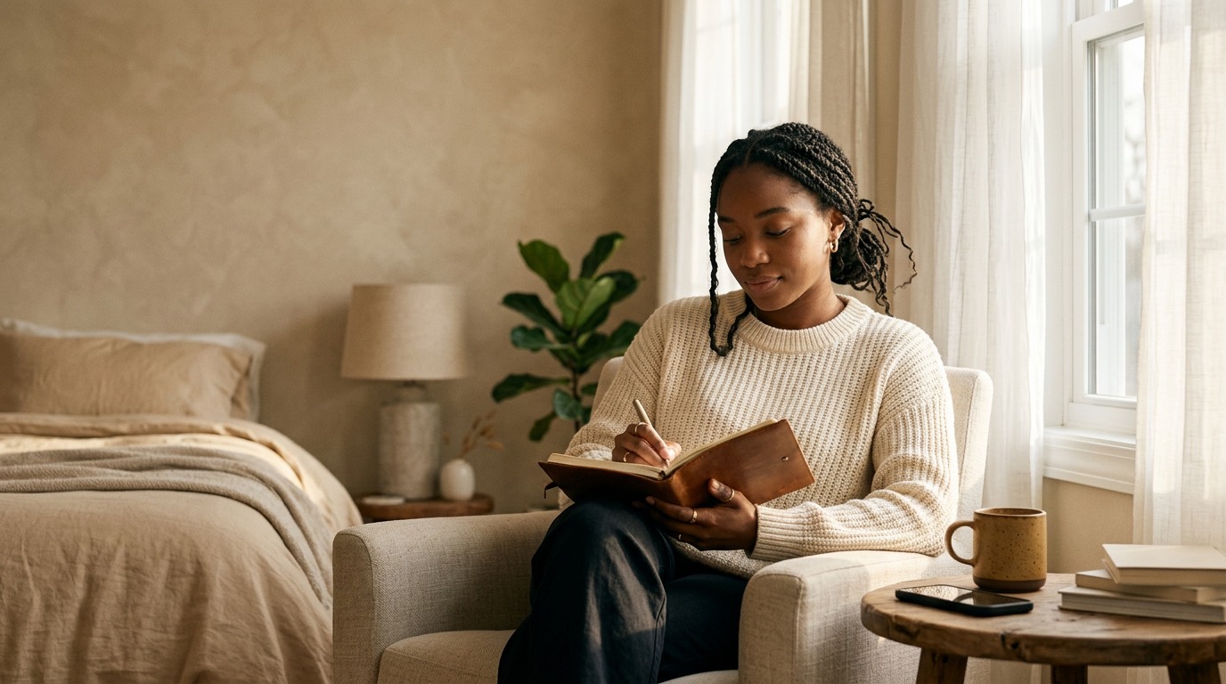 A person in soft morning light beginning the day with prayer, scripture, and journaling