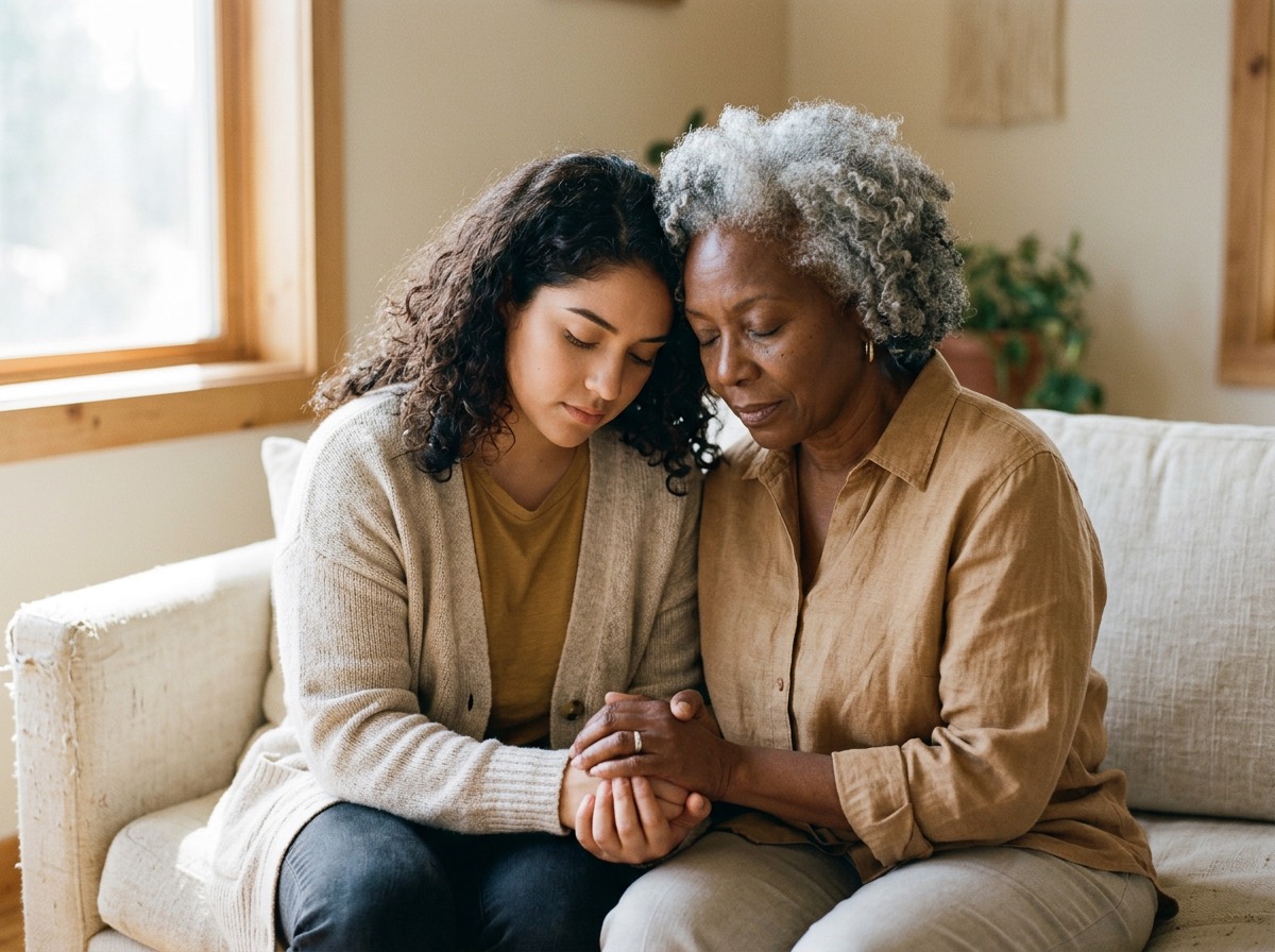 Two people praying together in warm light, a small trusted circle of belonging