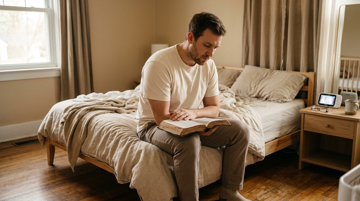 A person reading scripture in an ordinary quiet moment at home